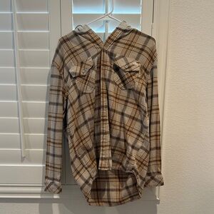 Hurley Brown and White Plaid Hooded Shirt